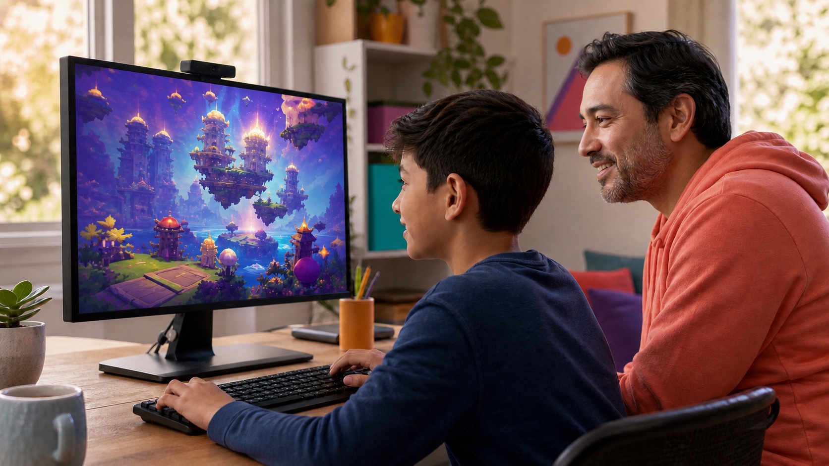 A parent and child exploring a colorful game together at a computer