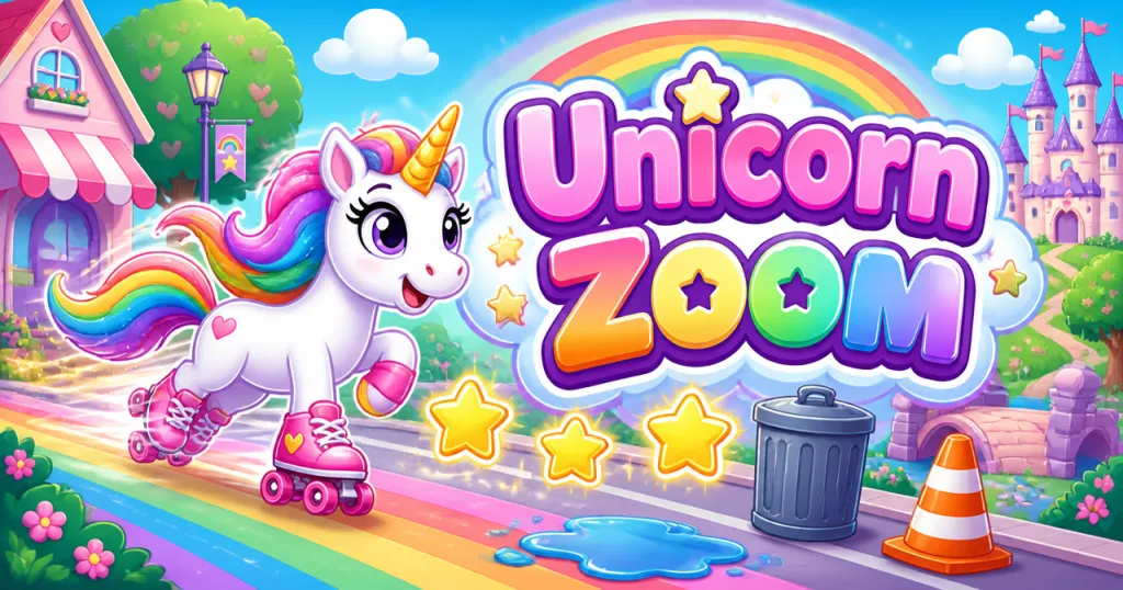 Unicorn Zoom game cover with a roller-skating unicorn in a candy-bright kingdom